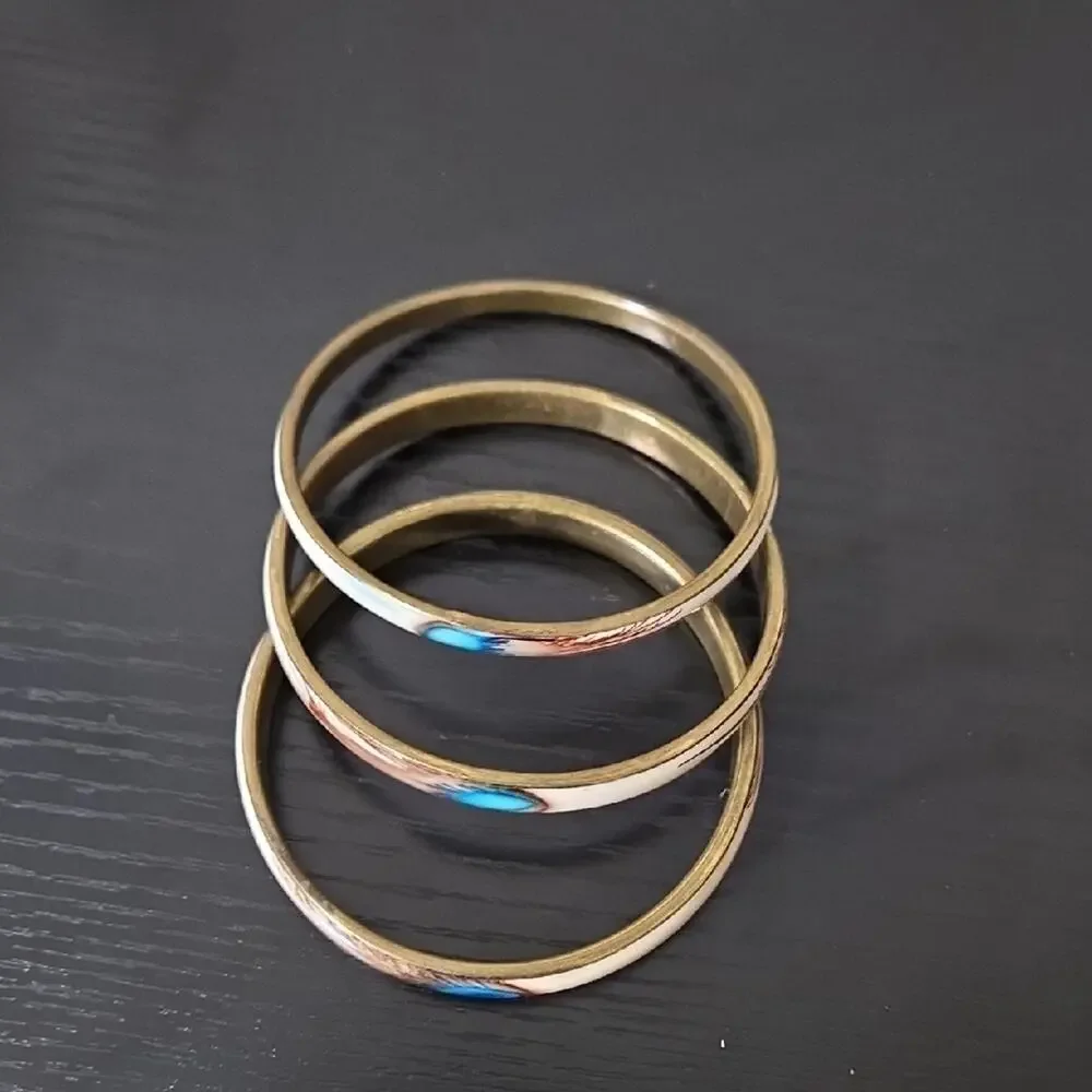 Vintage Lot Of 3 Bangle Bracelet Cream Blue Peacock Feather Brass Tone Boho